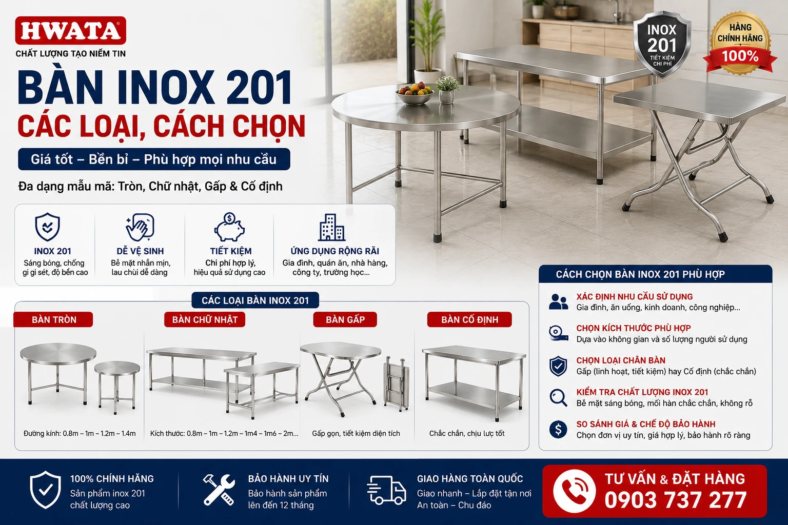 Minh họa các kiểu bàn inox 201 người mua thường tìm Các kiểu bàn inox 201 tròn chữ nhật và gấp