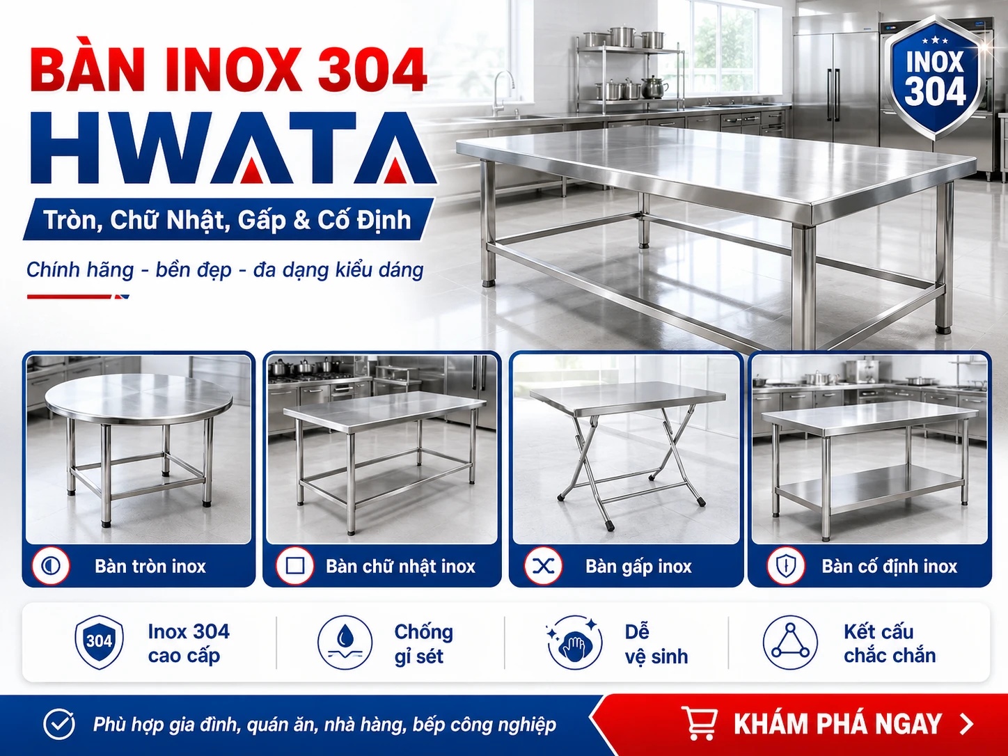 Các mẫu bàn inox 304 HWATA theo kiểu dáng và kích thước Bàn inox 304 Hwata tròn chữ nhật gấp và cố định