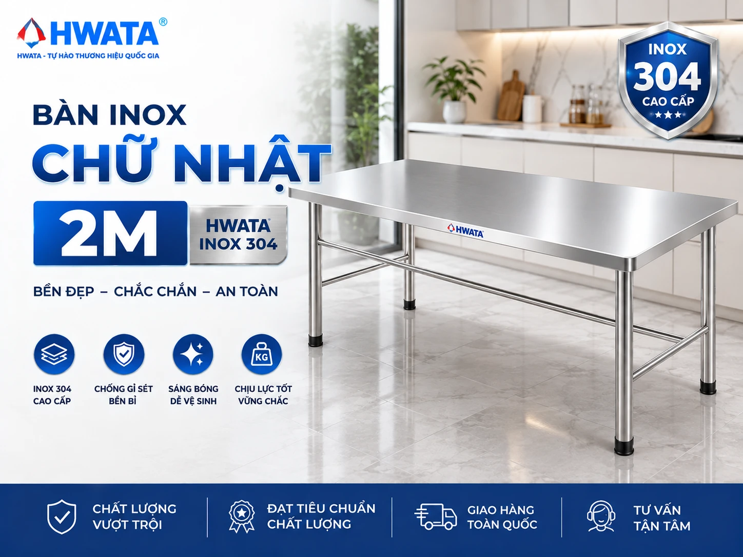 Bàn inox chữ nhật 2m Hwata BCN6 BCN7 BCN8