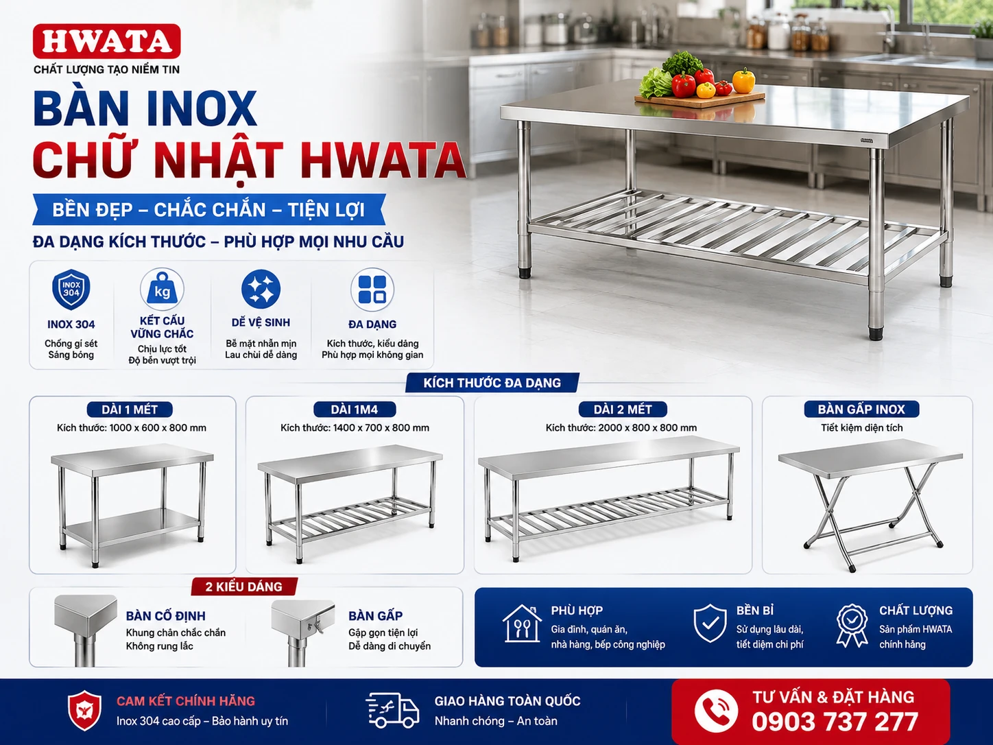 Các mẫu bàn inox chữ nhật HWATA từ 1m đến 2m Bàn inox chữ nhật Hwata 1m 1m1 1m4 và 2m