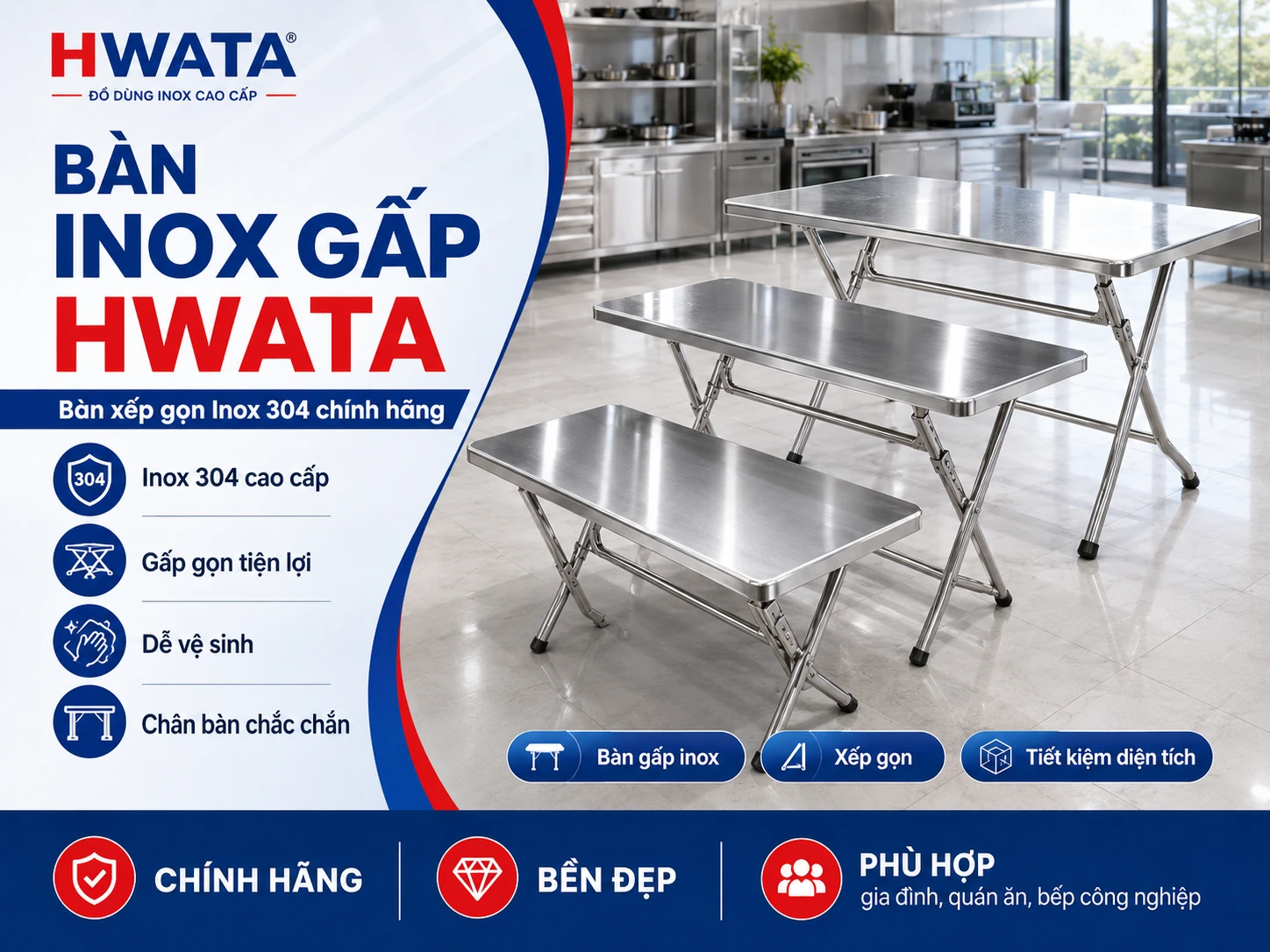 Bàn inox gấp Hwata tròn và chữ nhật