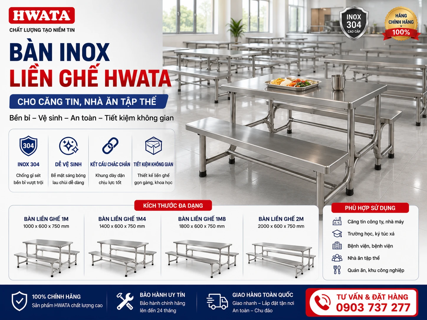 Bàn inox liền ghế HWATA cho căng tin và nhà ăn tập thể Bàn inox liền ghế Hwata cho căng tin và nhà ăn tập thể