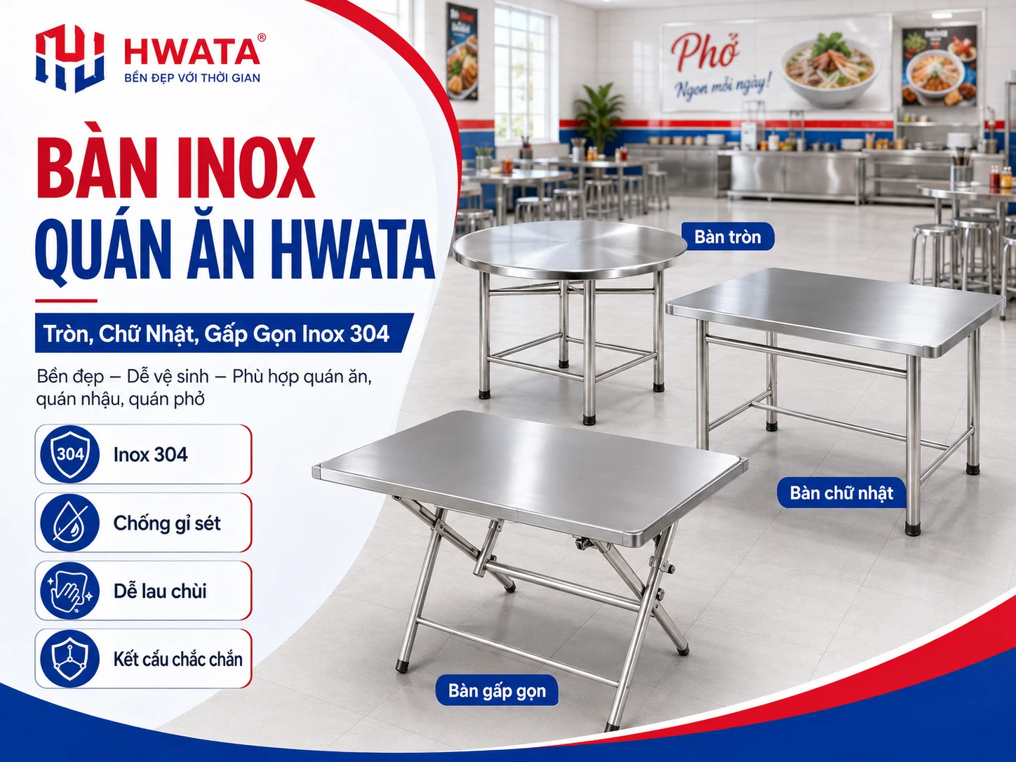 Bàn inox quán ăn Hwata tròn và chữ nhật
