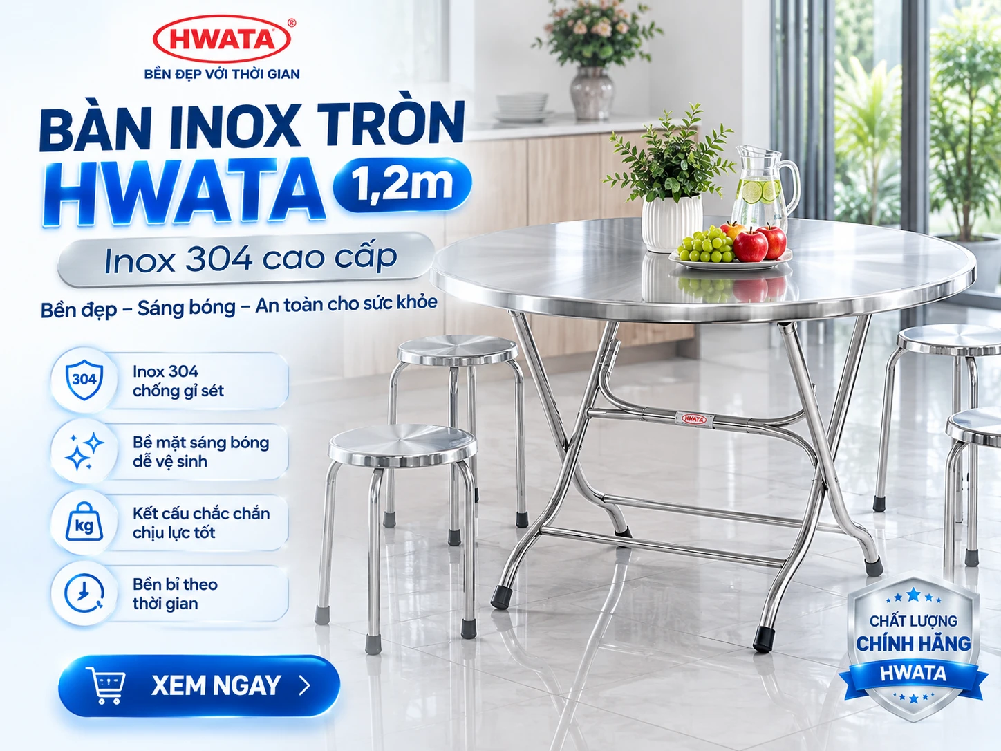 Bàn inox tròn 1,2m HWATA BT12 SUS304 Bàn inox tròn 1m2 Hwata BT12 inox 304
