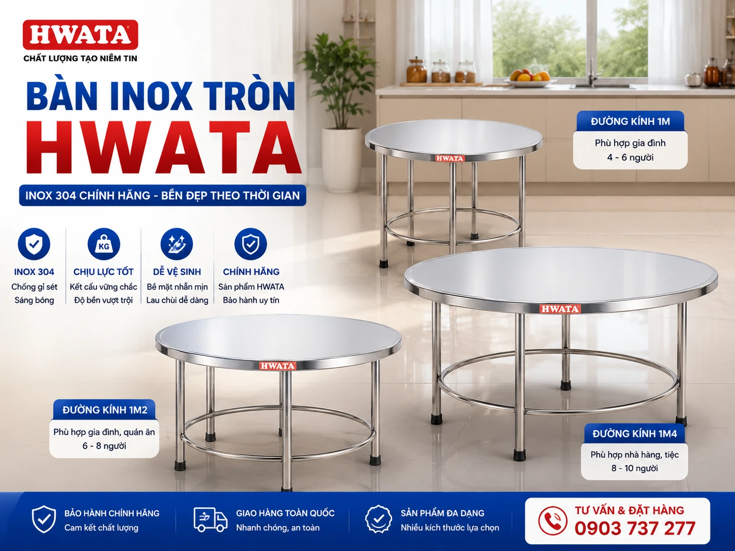 Ba mẫu bàn inox tròn HWATA BT10 BT12 BT14 Bàn inox tròn Hwata 1m 1m2 và 1m4