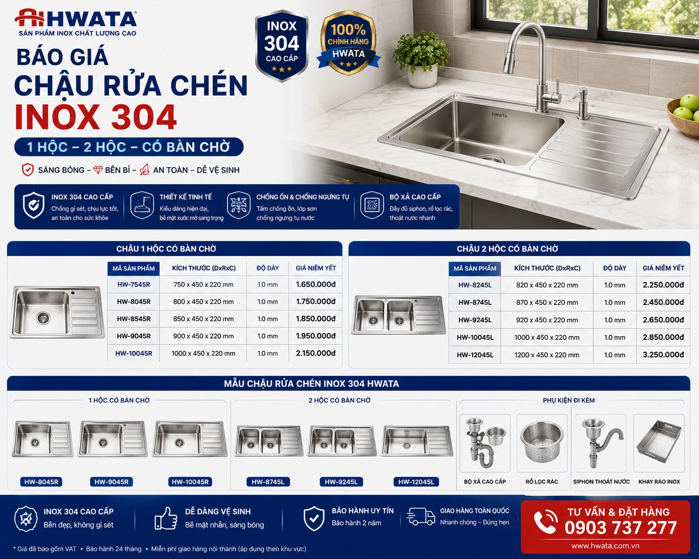 Chậu rửa chén inox 304 1 hộc 2 hộc có bàn chờ
