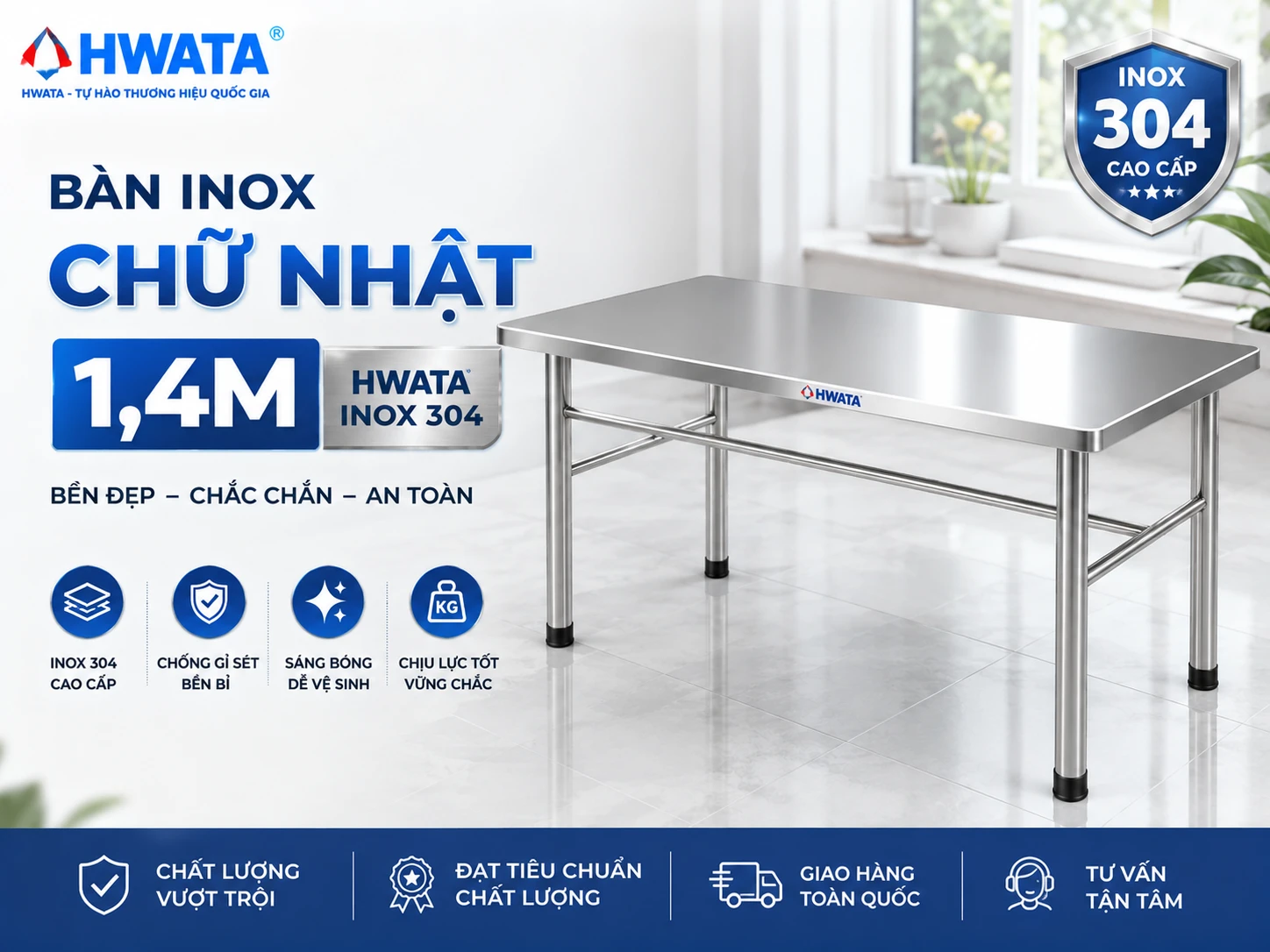 Bàn inox chữ nhật 1m4 Hwata BCN3 inox 304