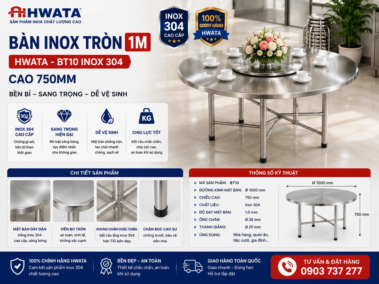 Bàn inox tròn 1m HWATA BT10 SUS304 Bàn inox tròn 1m Hwata BT10 inox 304