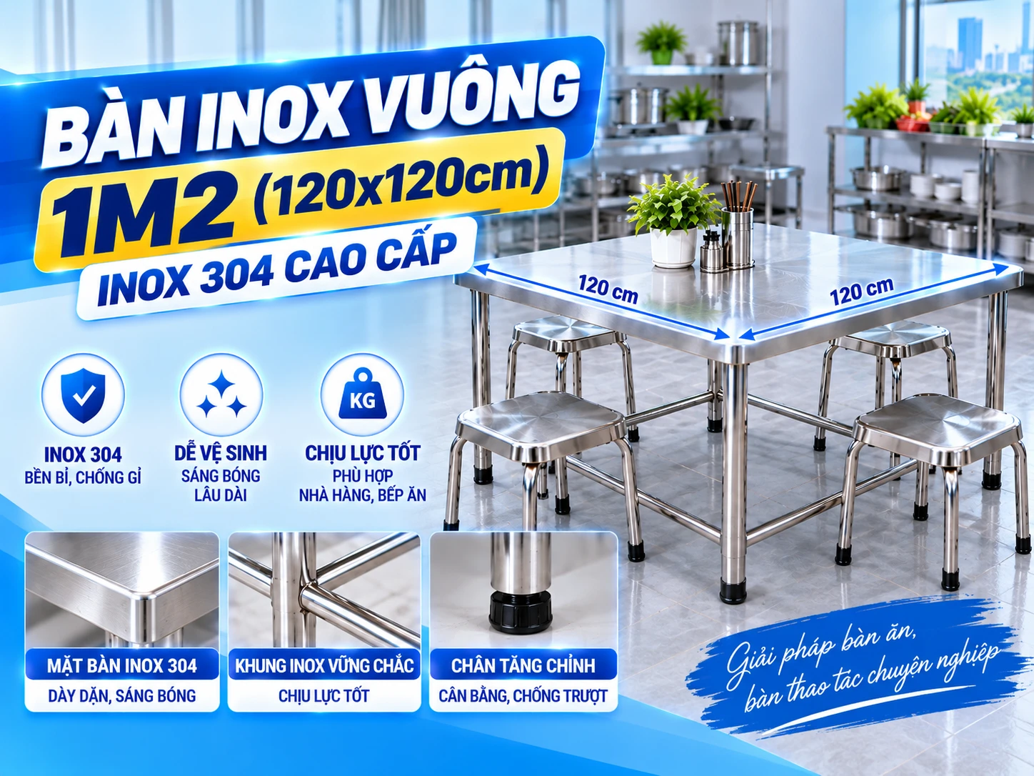 Bàn inox vuông 1m2 kích thước 1200 x 1200 mm