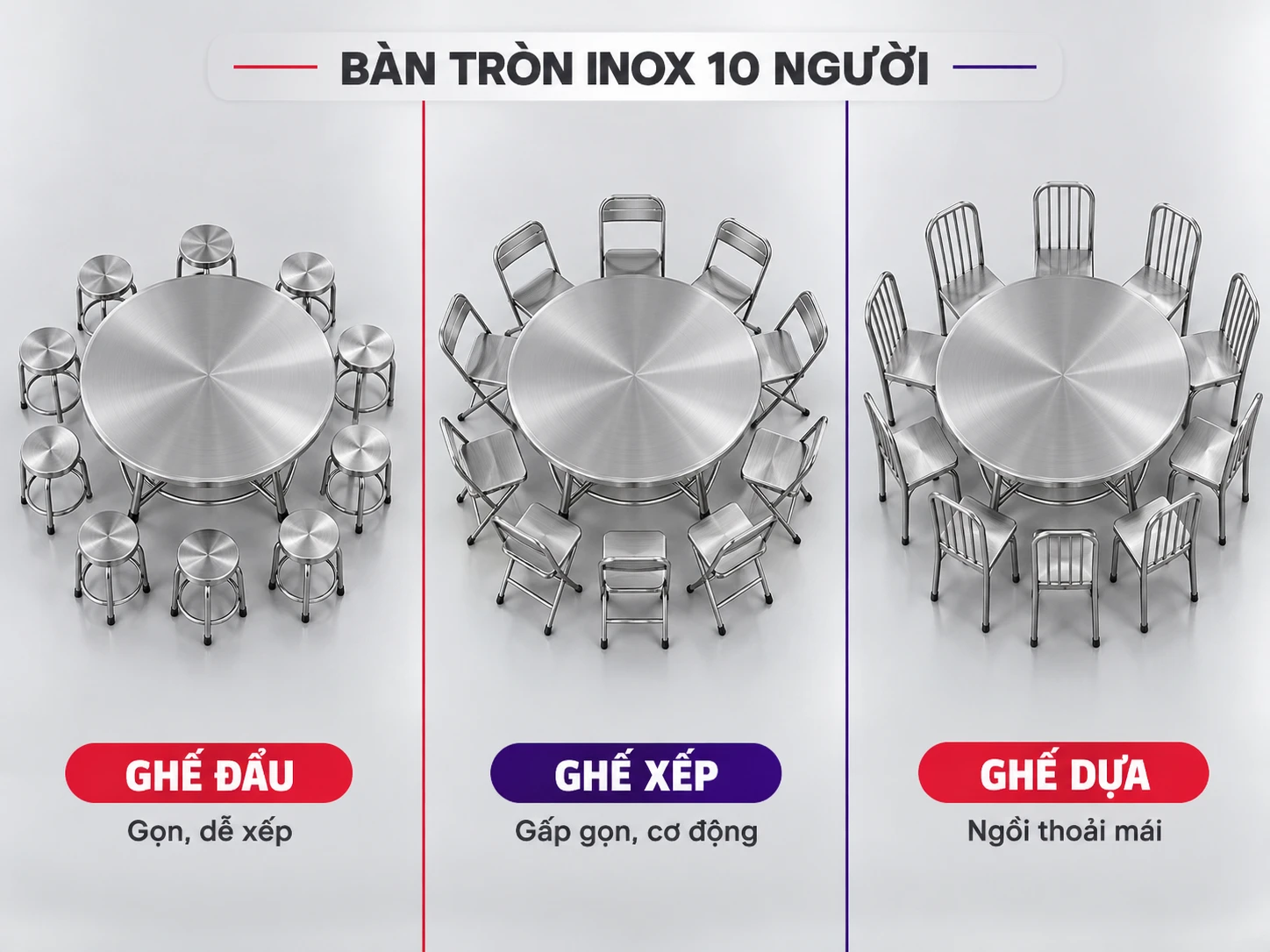 Chọn ghế cho bàn tròn inox 10 người So sánh ghế đẩu ghế xếp và ghế dựa quanh bàn tròn inox 10 người