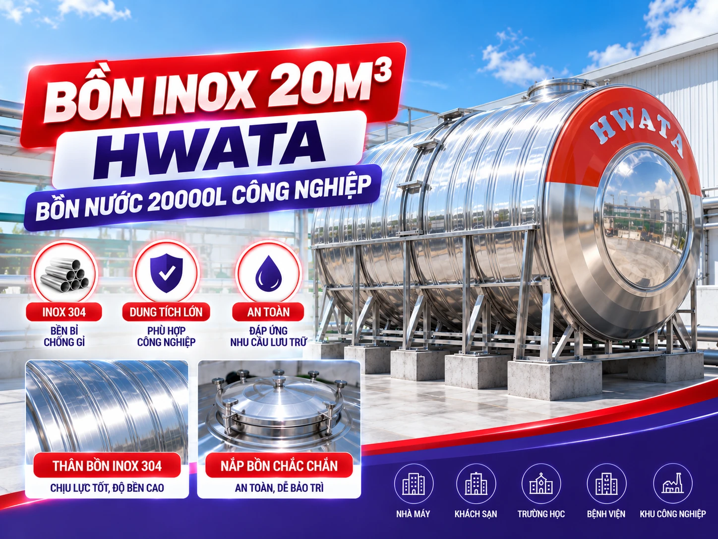 Bồn inox 20m3 HWATA H20.000N dạng ngang dung tích 20000 lít