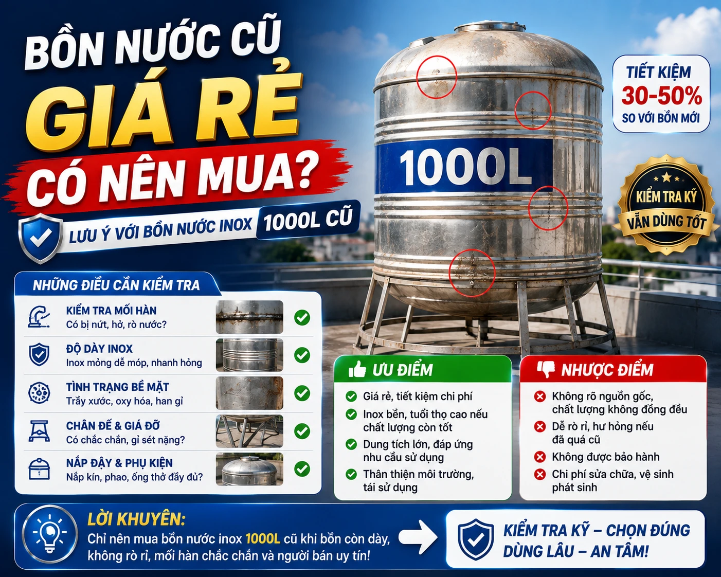 Bồn inox cũ cần kiểm tra thân đáy mối hàn và chân trước khi mua