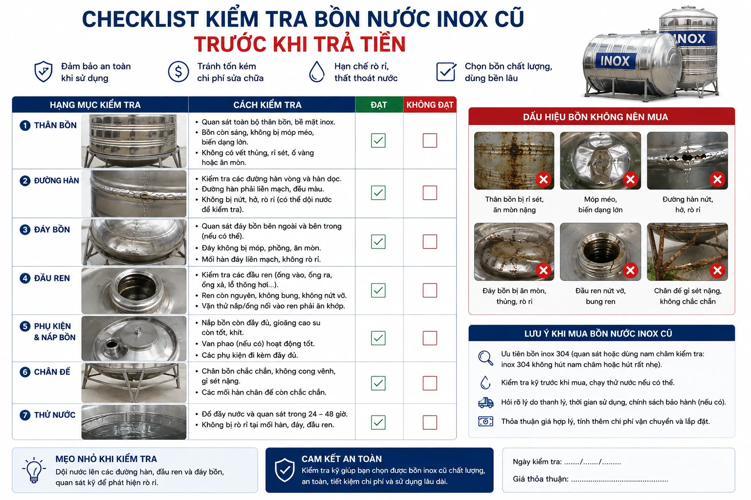 Checklist kiểm tra bồn nước inox cũ trước khi trả tiền