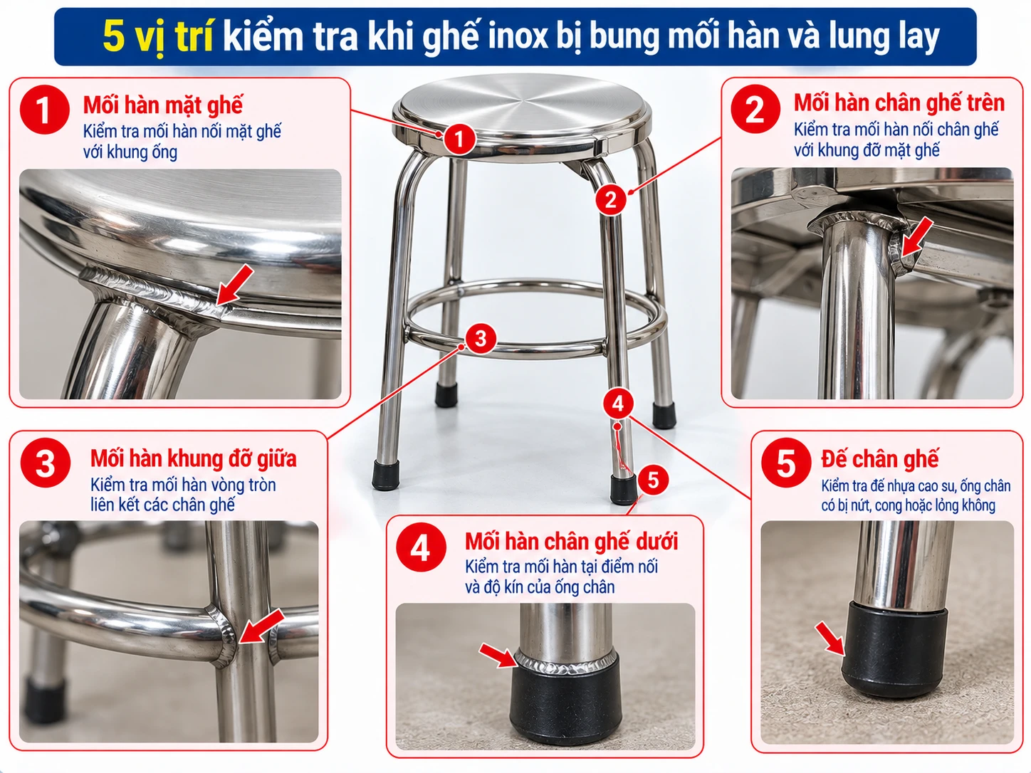 5 vị trí kiểm tra khi ghế inox bị bung mối hàn và lung lay