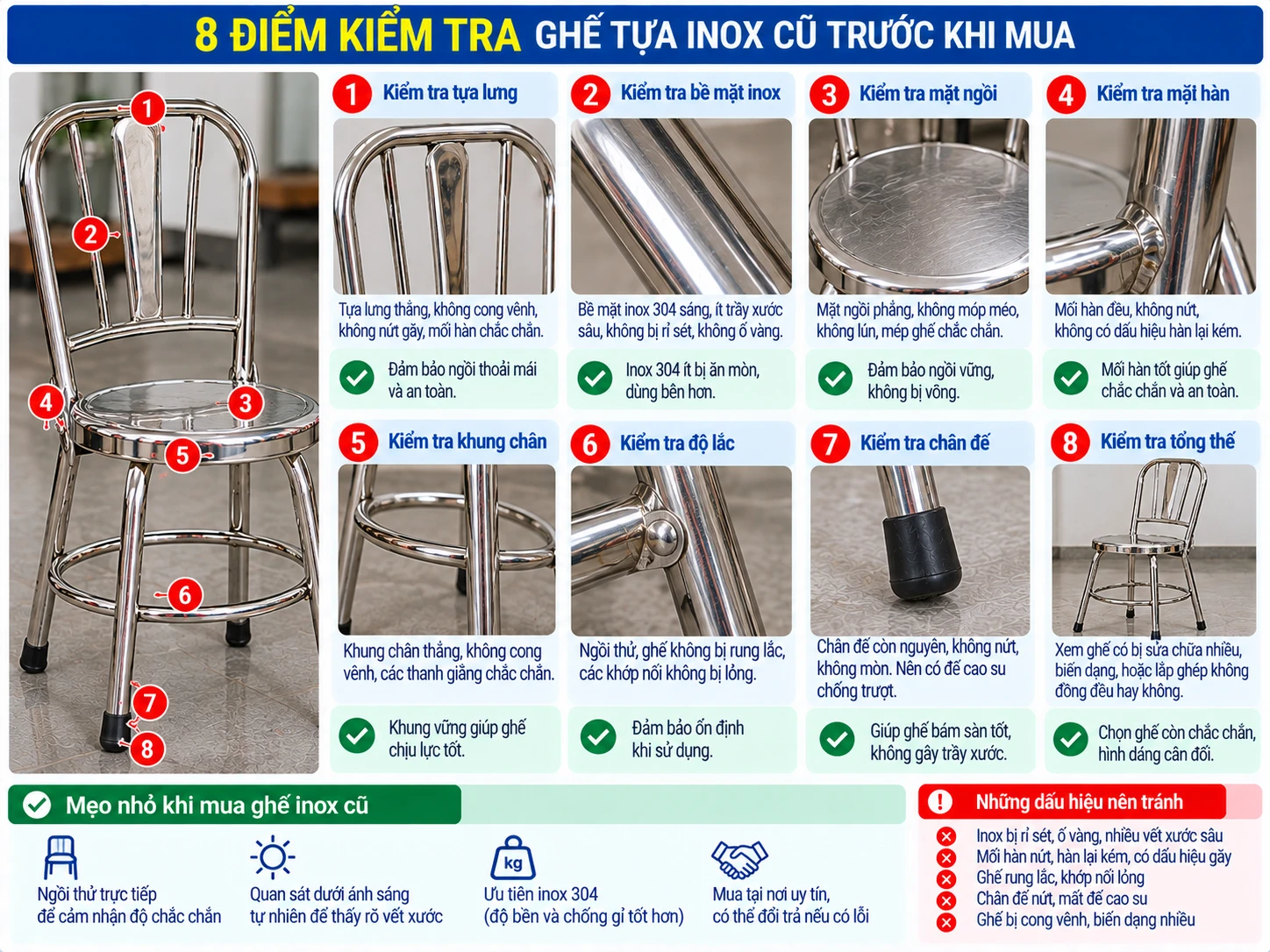 Checklist ghế tựa inox thanh lý 8 điểm kiểm tra ghế tựa inox cũ trước khi mua