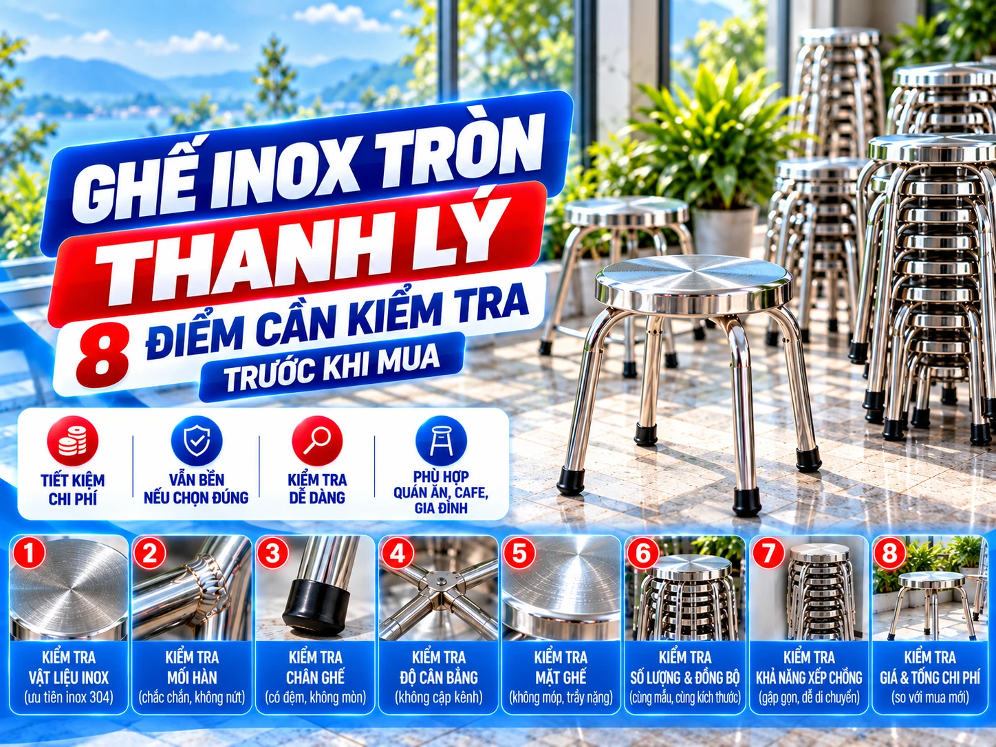 Thanh lý ghế inox tròn cần kiểm tra mặt ghế chân vòng giằng và mối hàn