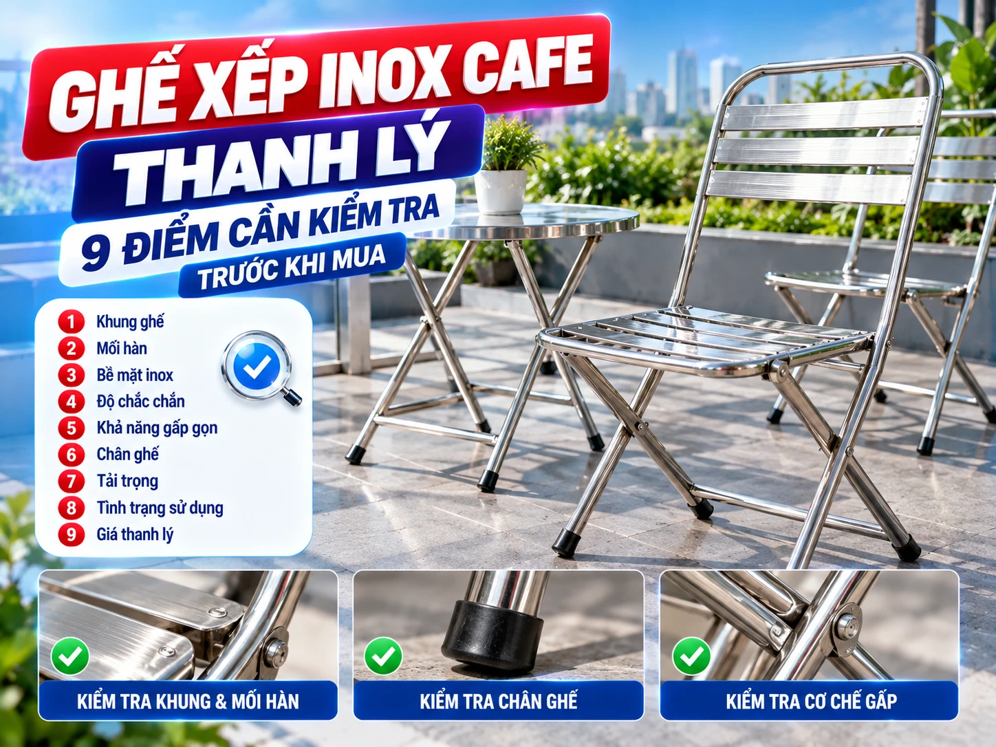 Ghế xếp inox cafe thanh lý cần kiểm tra khớp gấp mối hàn và chân ghế