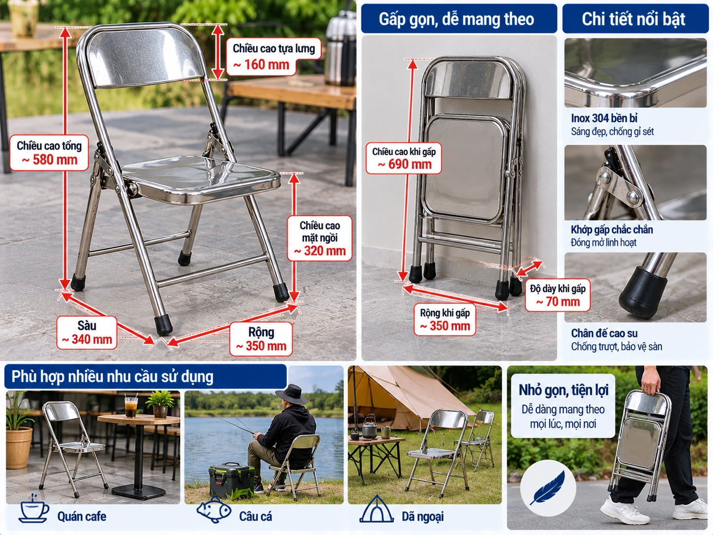 Ghế xếp inox mini nhỏ gọn dùng cho cafe câu cá và dã ngoại