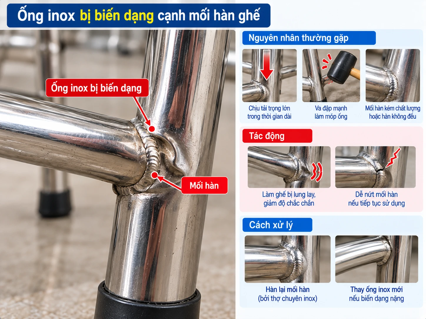 Ống inox biến dạng cạnh mối nối Ống inox bị biến dạng cạnh mối hàn ghế
