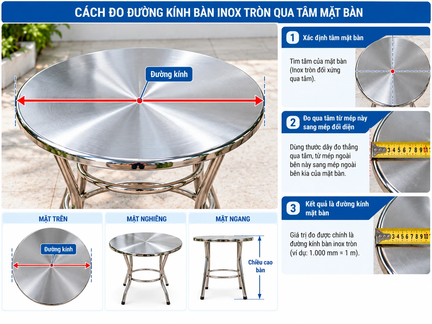 Cách đo đường kính bàn inox tròn Sơ đồ đo đường kính bàn inox tròn qua tâm mặt bàn