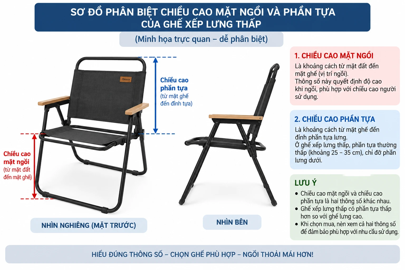 Phân biệt chiều cao mặt ghế và tựa lưng Sơ đồ phân biệt chiều cao mặt ngồi và phần tựa của ghế xếp lưng thấp