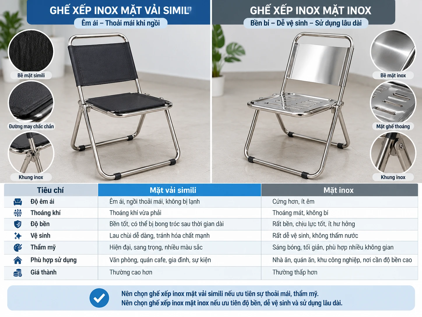 Các loại bề mặt ghế xếp inox So sánh ghế xếp inox mặt vải simili và mặt inox