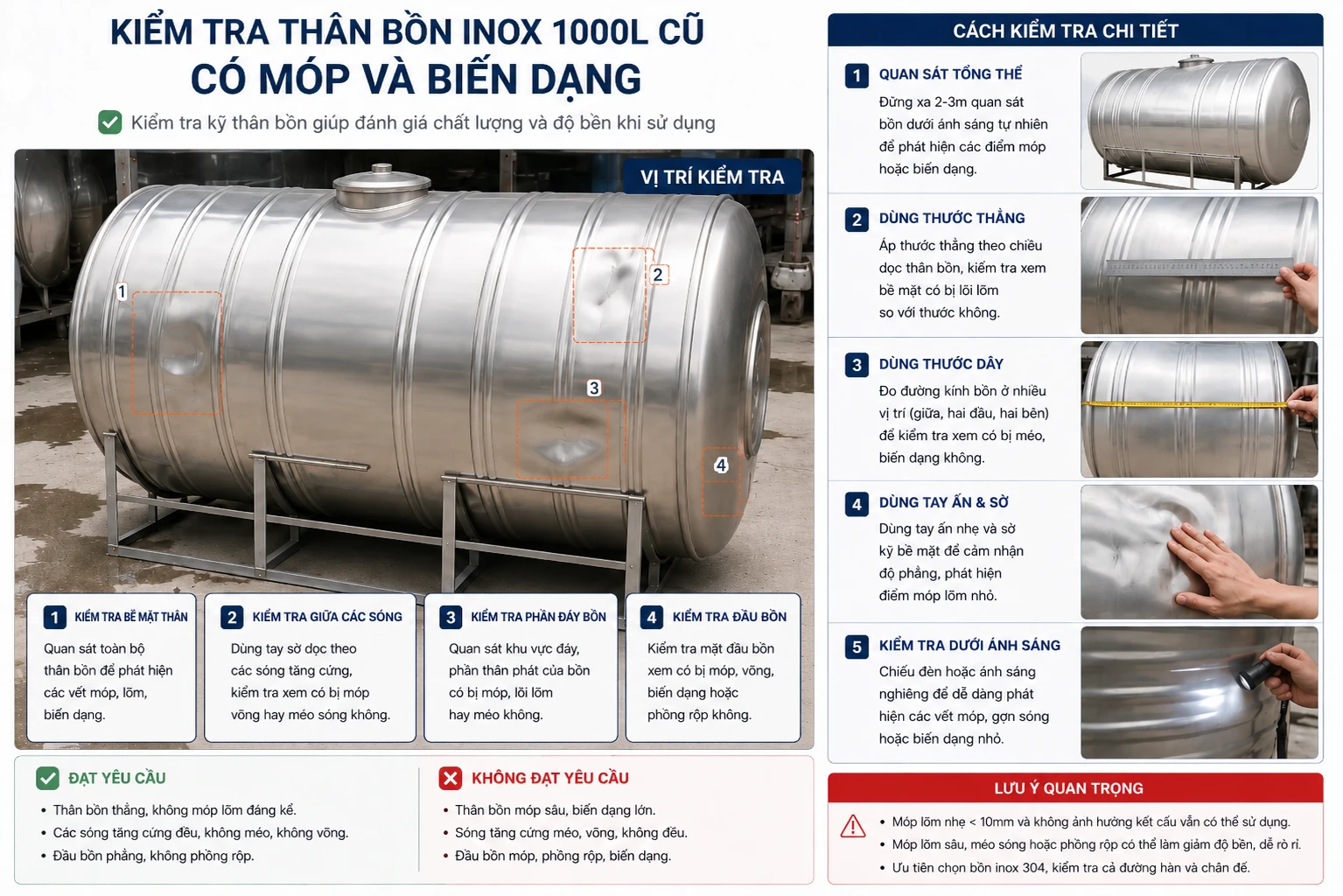 Kiểm tra bề mặt bồn inox 500L đã qua sử dụng Kiểm tra thân bồn inox 500L cũ bị móp