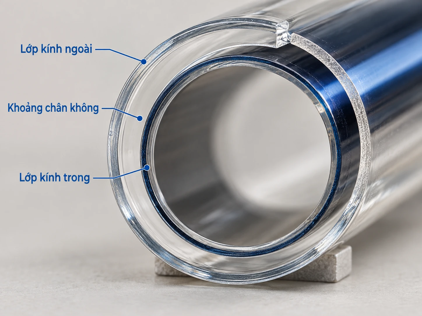 Khoảng chân không giữa hai lớp kính Hai lớp kính và khoảng chân không của ống thu nhiệt