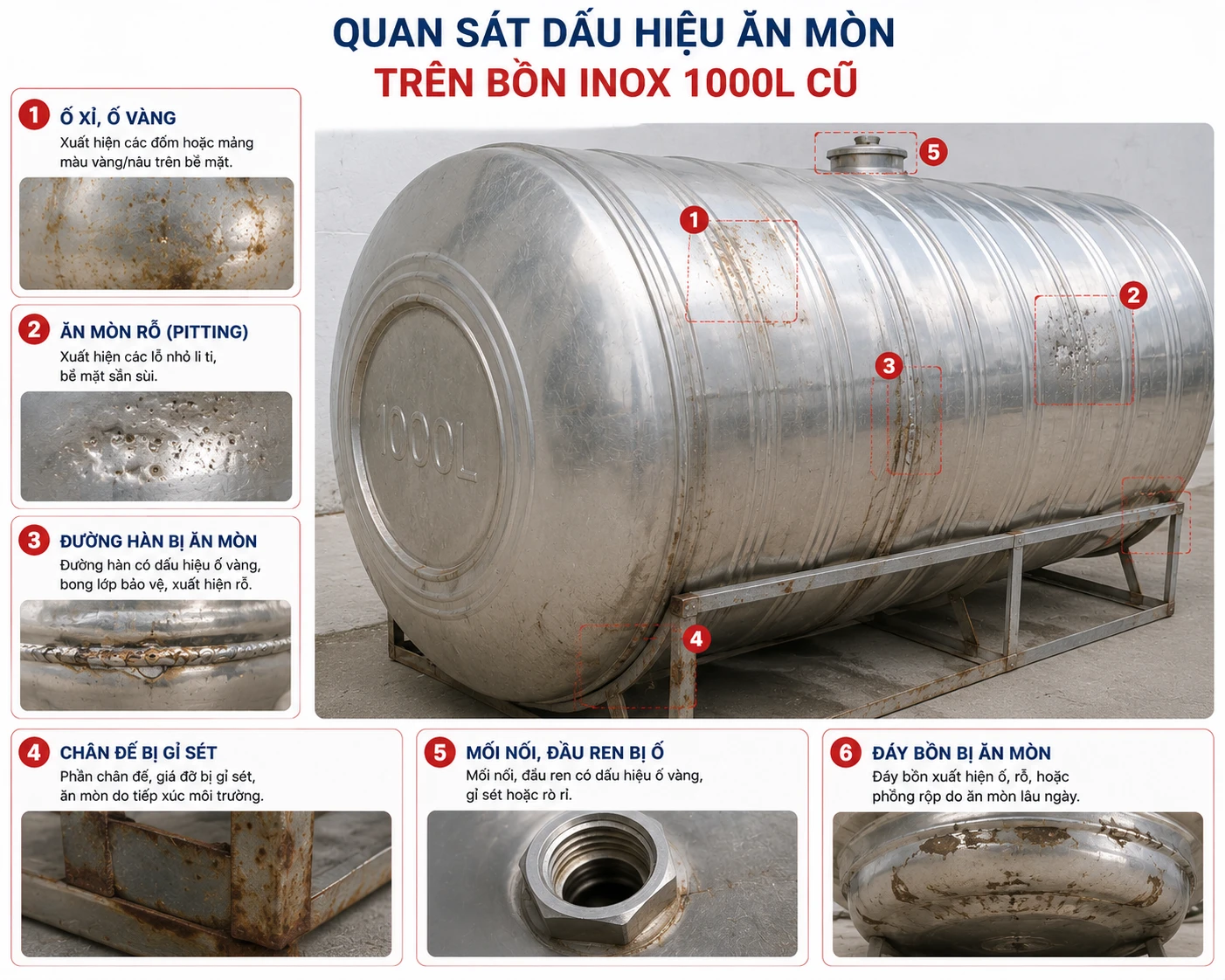 Dấu hiệu cần chú ý trên bề mặt bồn inox cũ Quan sát dấu hiệu ăn mòn trên bồn inox 1000L cũ