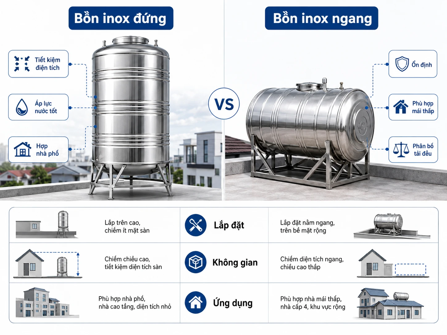 Bồn nước inox đứng và ngang khác nhau như thế nào So sánh bồn nước inox đứng và ngang