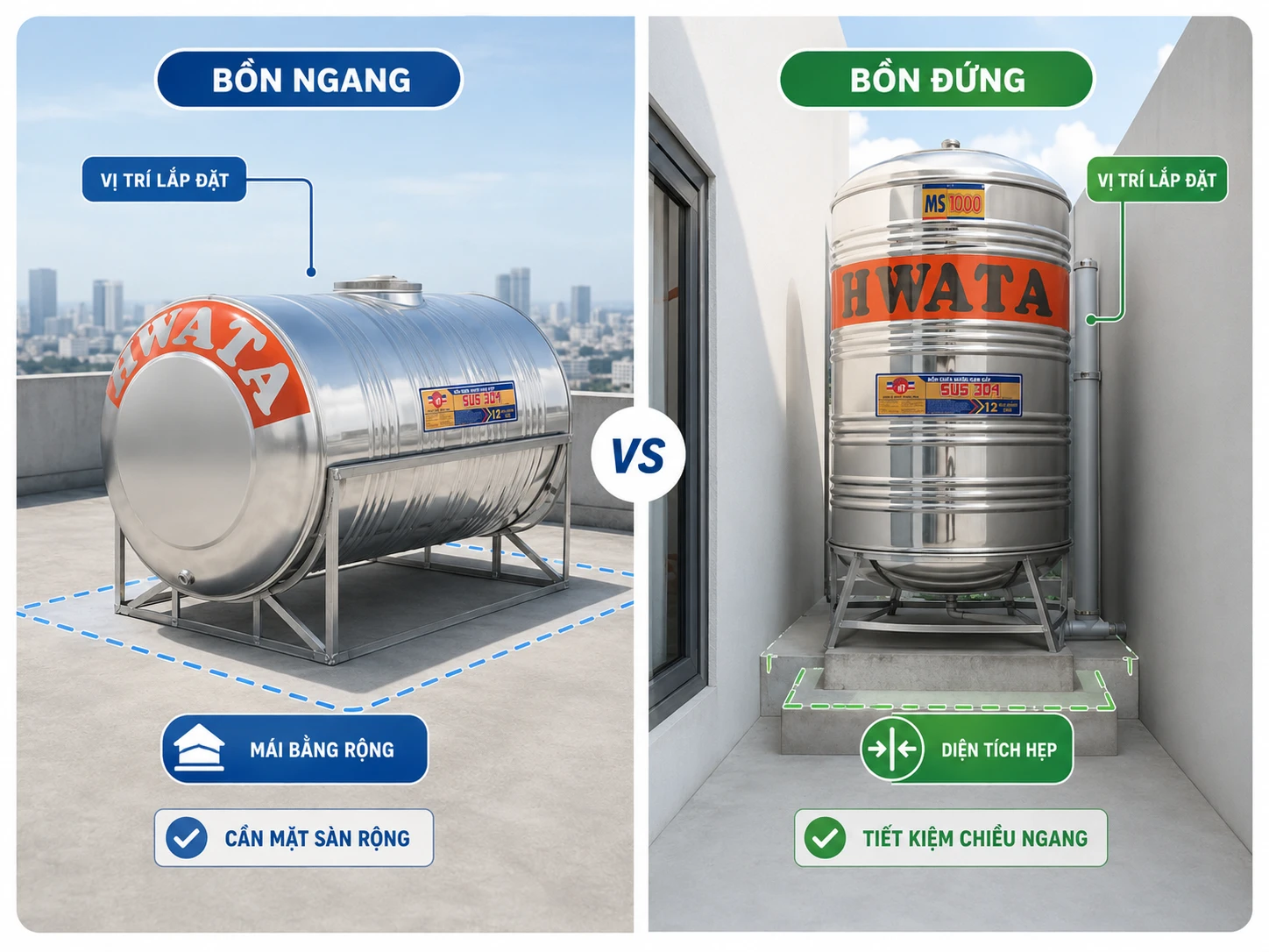 So sánh vị trí lắp bồn nước inox 700L ngang và đứng