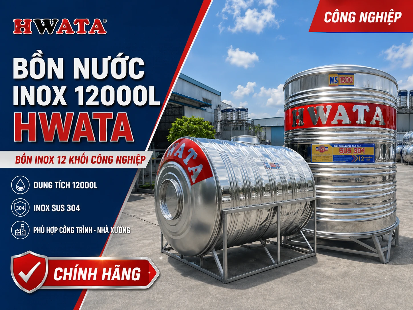 Bồn nước inox Hwata 12000L H12000N và H12000D Bồn nước inox 12000L Hwata ngang và đứng