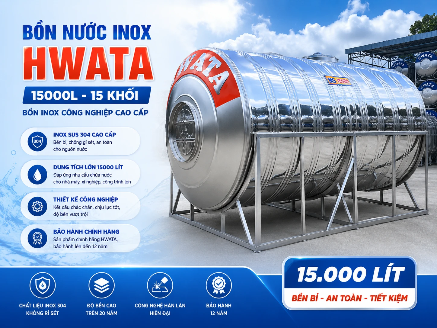 Bồn nước inox 15000L Hwata ngang và đứng
