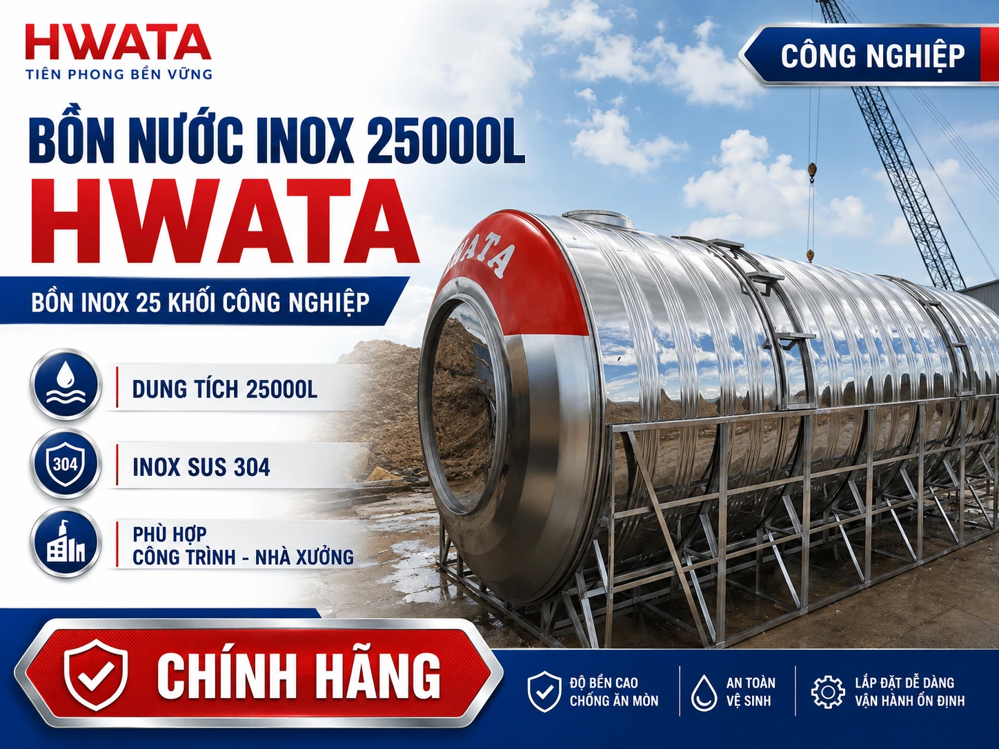 Bồn nước inox Hwata 25000L ngang H25.000N Bồn nước inox 25000L Hwata ngang H25.000N