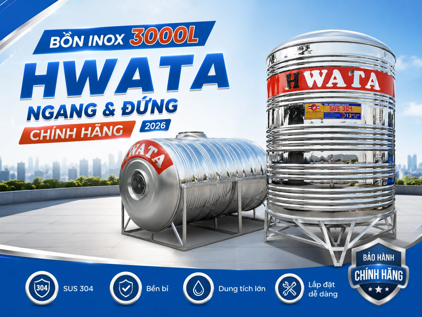 Bồn nước inox 3000L Hwata ngang và đứng