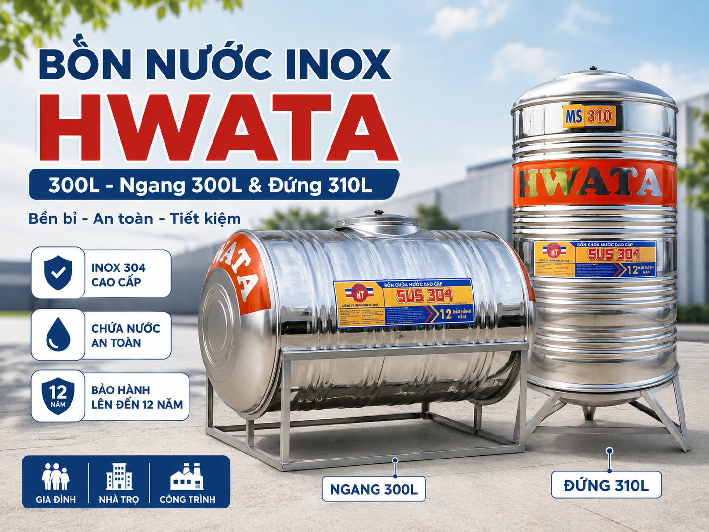 So sánh bồn inox Hwata H300N ngang và H310D đứng Bồn nước inox 300L Hwata ngang và 310L đứng