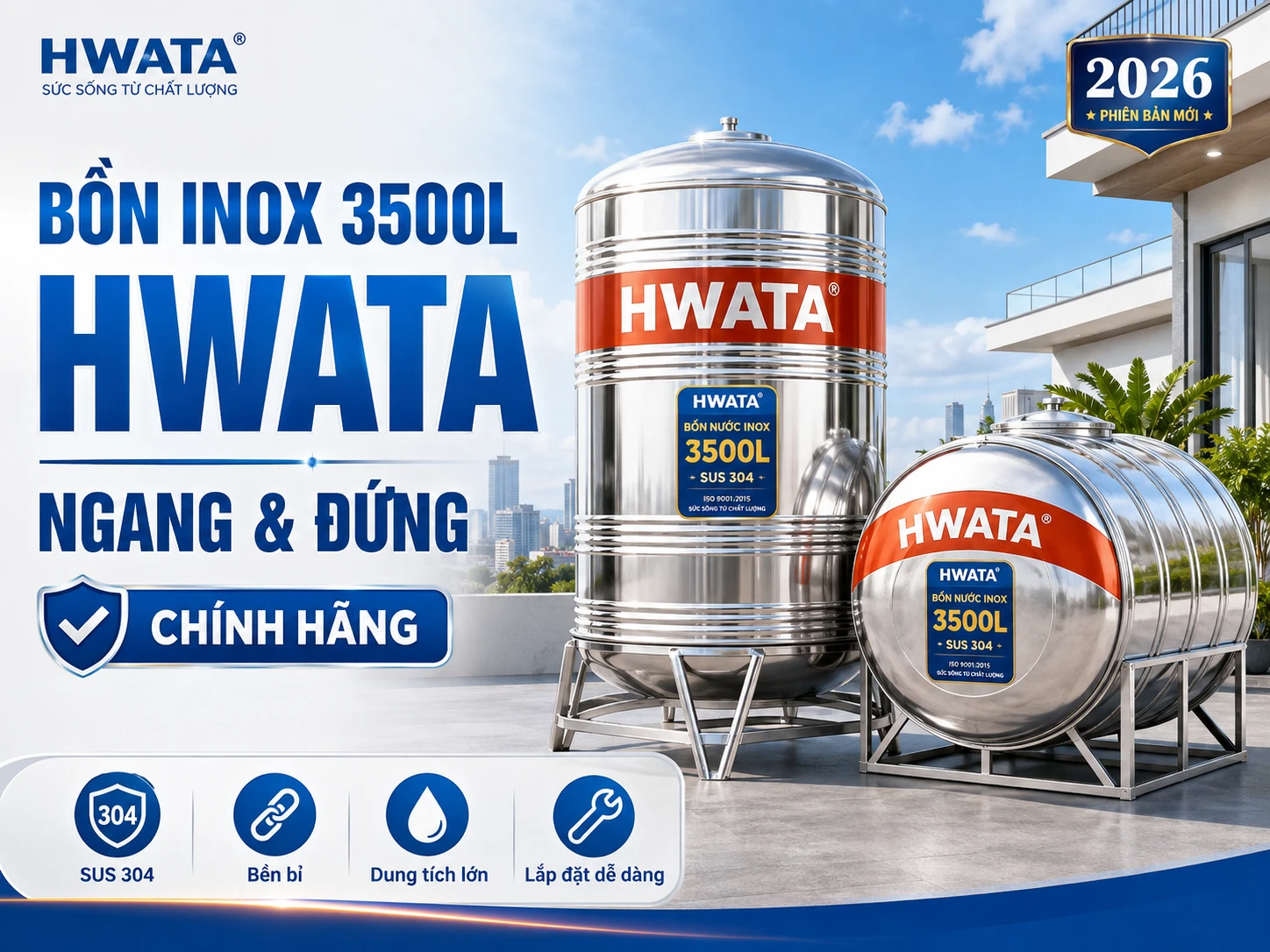 Bồn nước inox Hwata 3500L H3500N và H3500D Bồn nước inox 3500L Hwata ngang và đứng