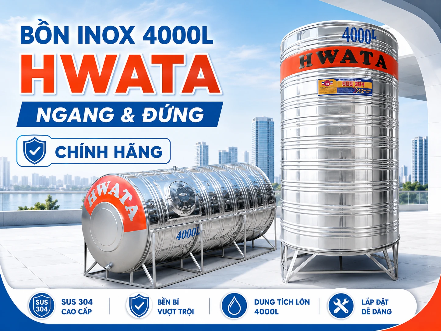 Bồn nước inox Hwata 4000L H4000N và H4000D Bồn nước inox 4000L Hwata ngang và đứng