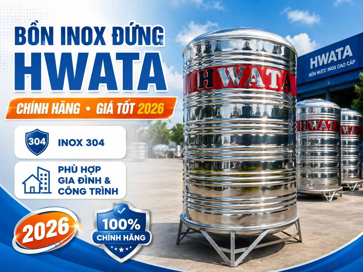 Bồn nước inox đứng Hwata cho gia đình và công trình