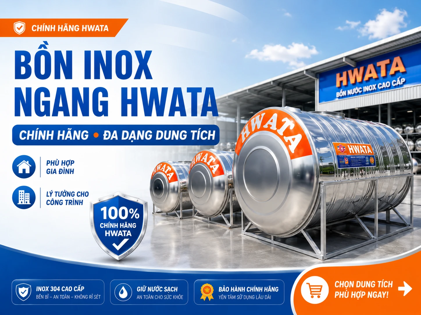 Bồn nước inox ngang Hwata đa dạng dung tích Bồn nước inox ngang Hwata cho gia đình và công trình