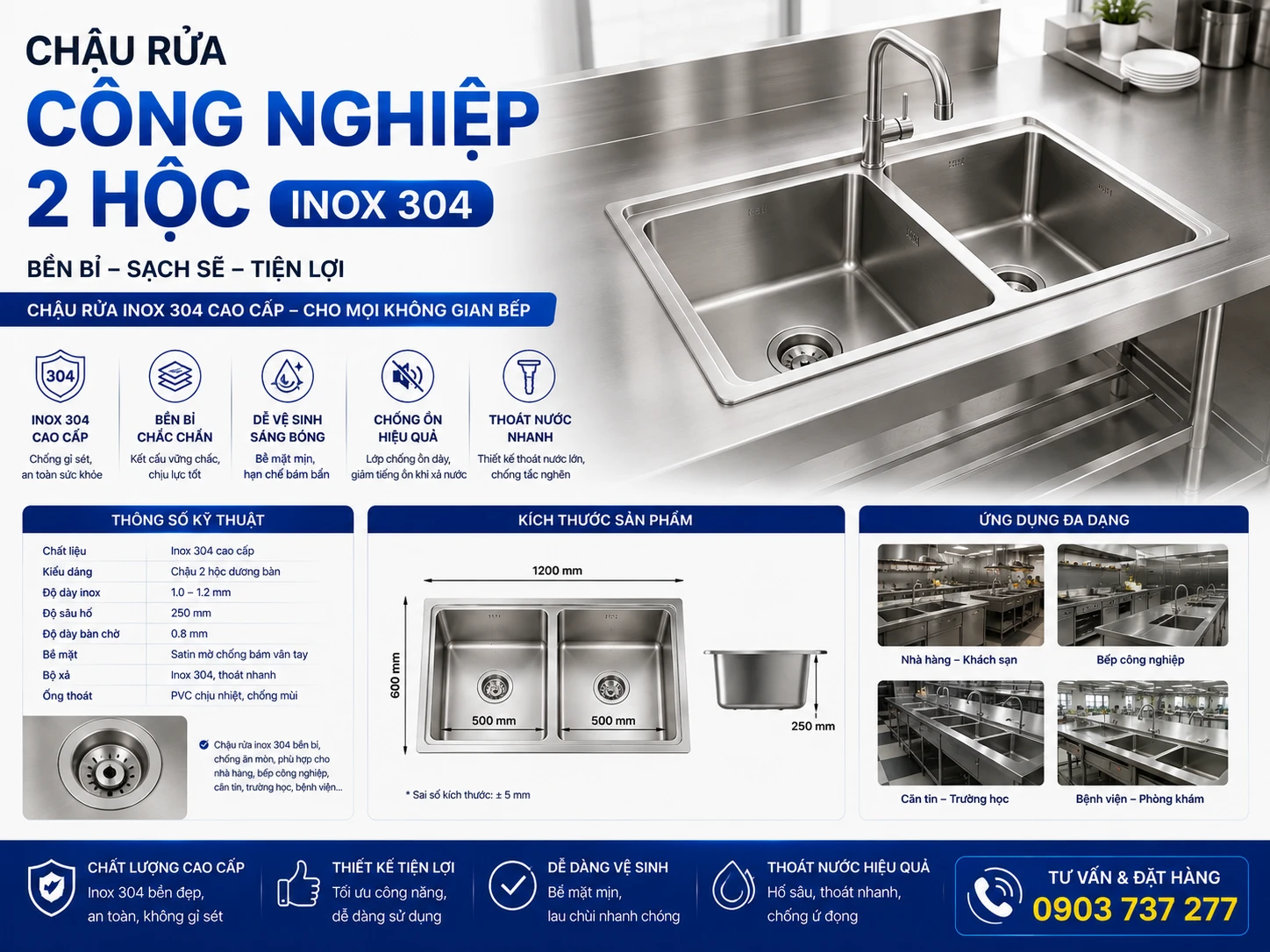 Chậu rửa công nghiệp 2 hộc inox 304 CCN02