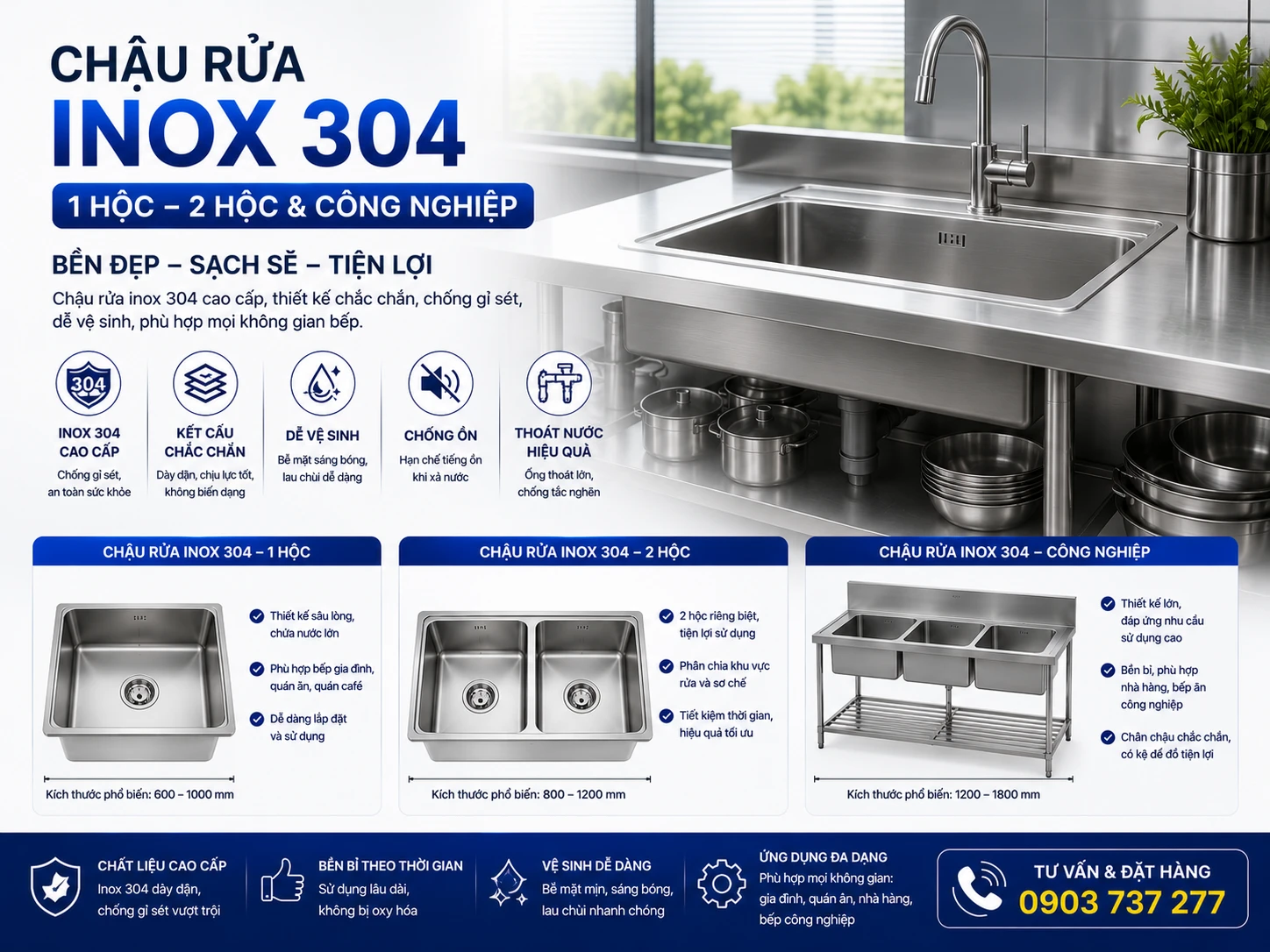 Chậu rửa inox 304 1 hộc 2 hộc 3 hộc gia đình công nghiệp