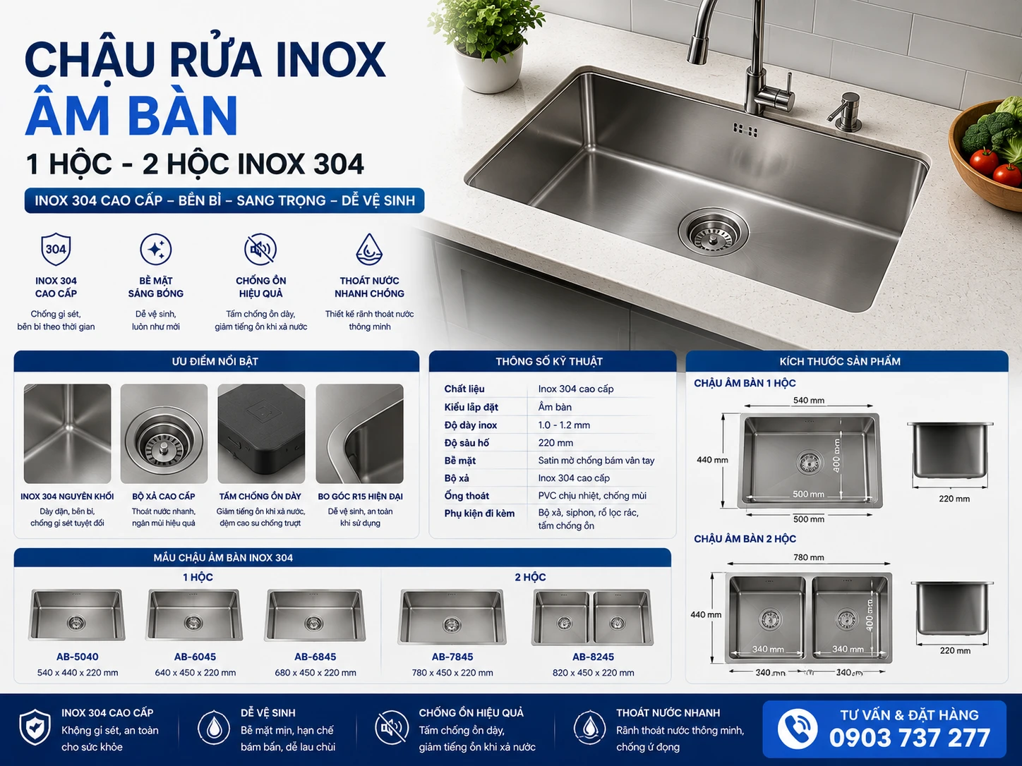 Chậu rửa inox âm bàn inox 304 cho bếp gia đình