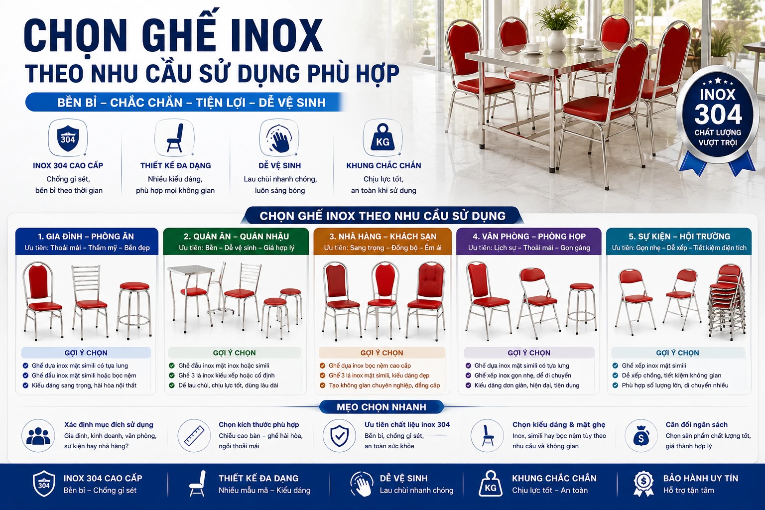 Chọn ghế inox theo nhu cầu gia đình quán ăn nhà hàng cà phê đám cưới và căng tin