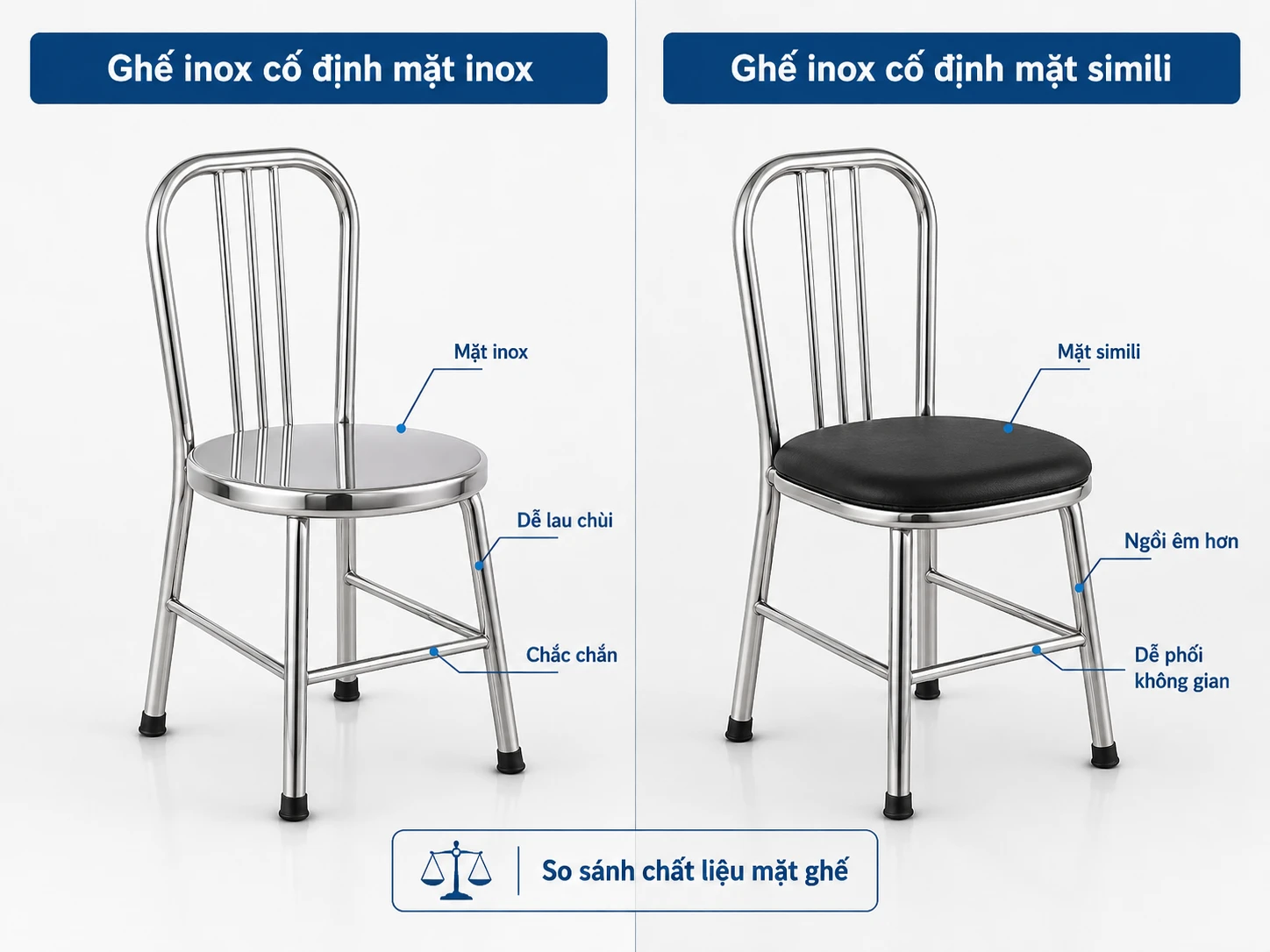 So sánh ghế cố định mặt inox và simili Ghế inox cố định mặt inox và mặt simili