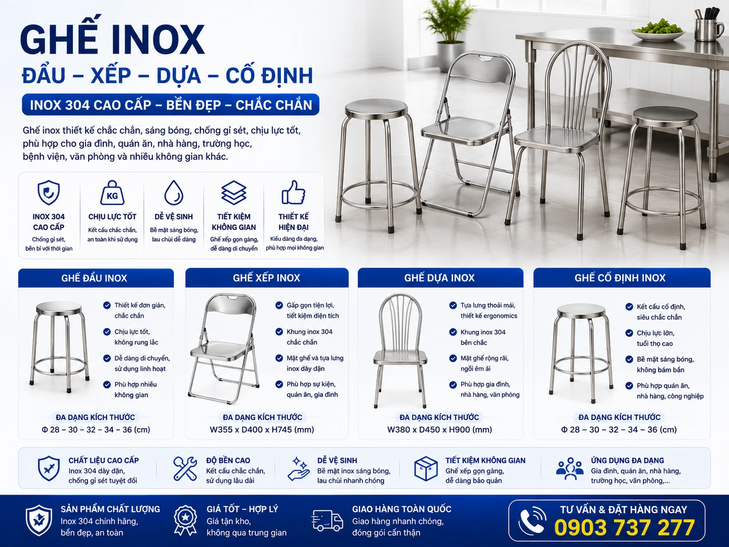 Các loại ghế inox đẩu xếp dựa cố định cho gia đình quán ăn