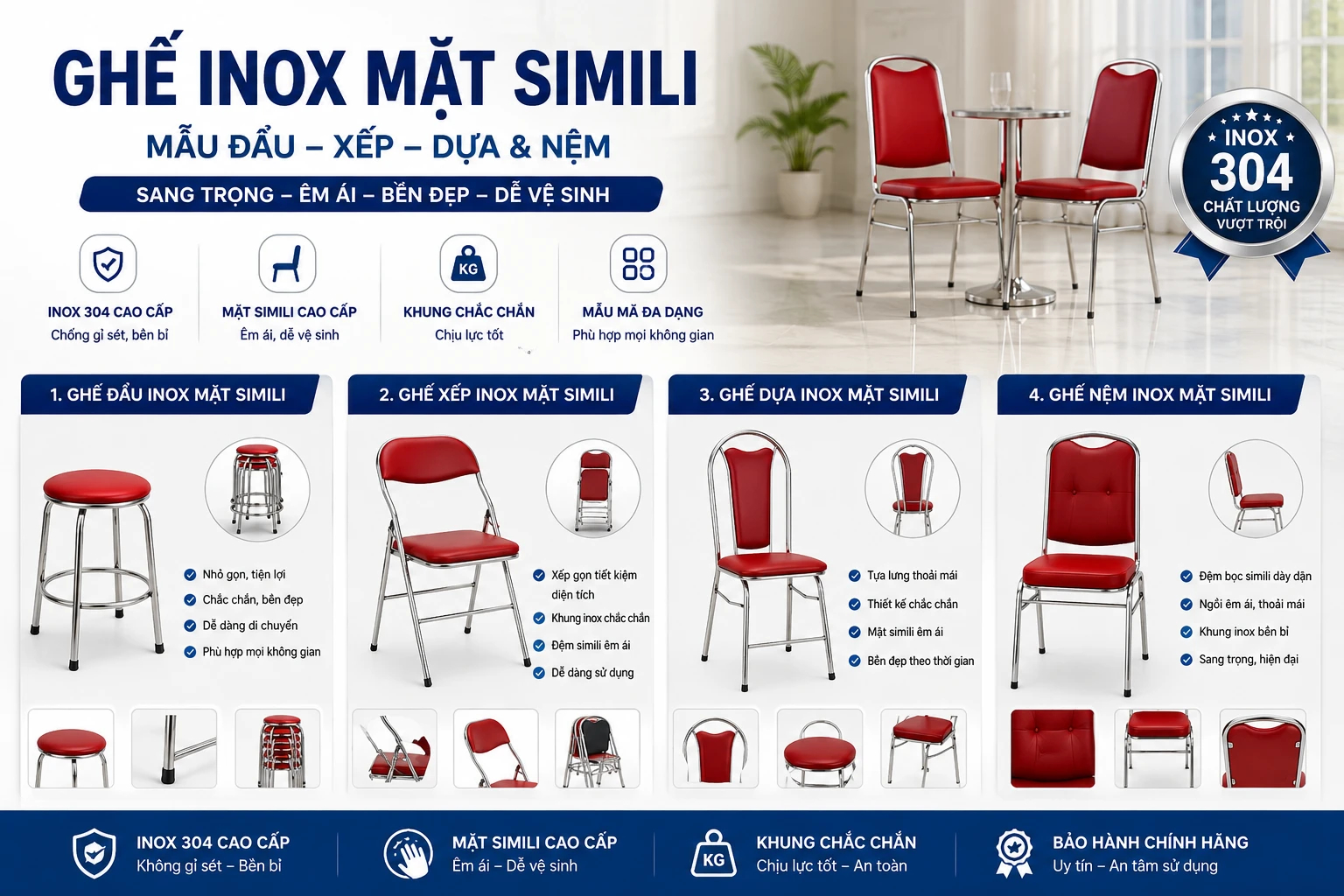 Các mẫu ghế inox mặt simili Ghế inox mặt simili dạng đẩu, xếp và cố định