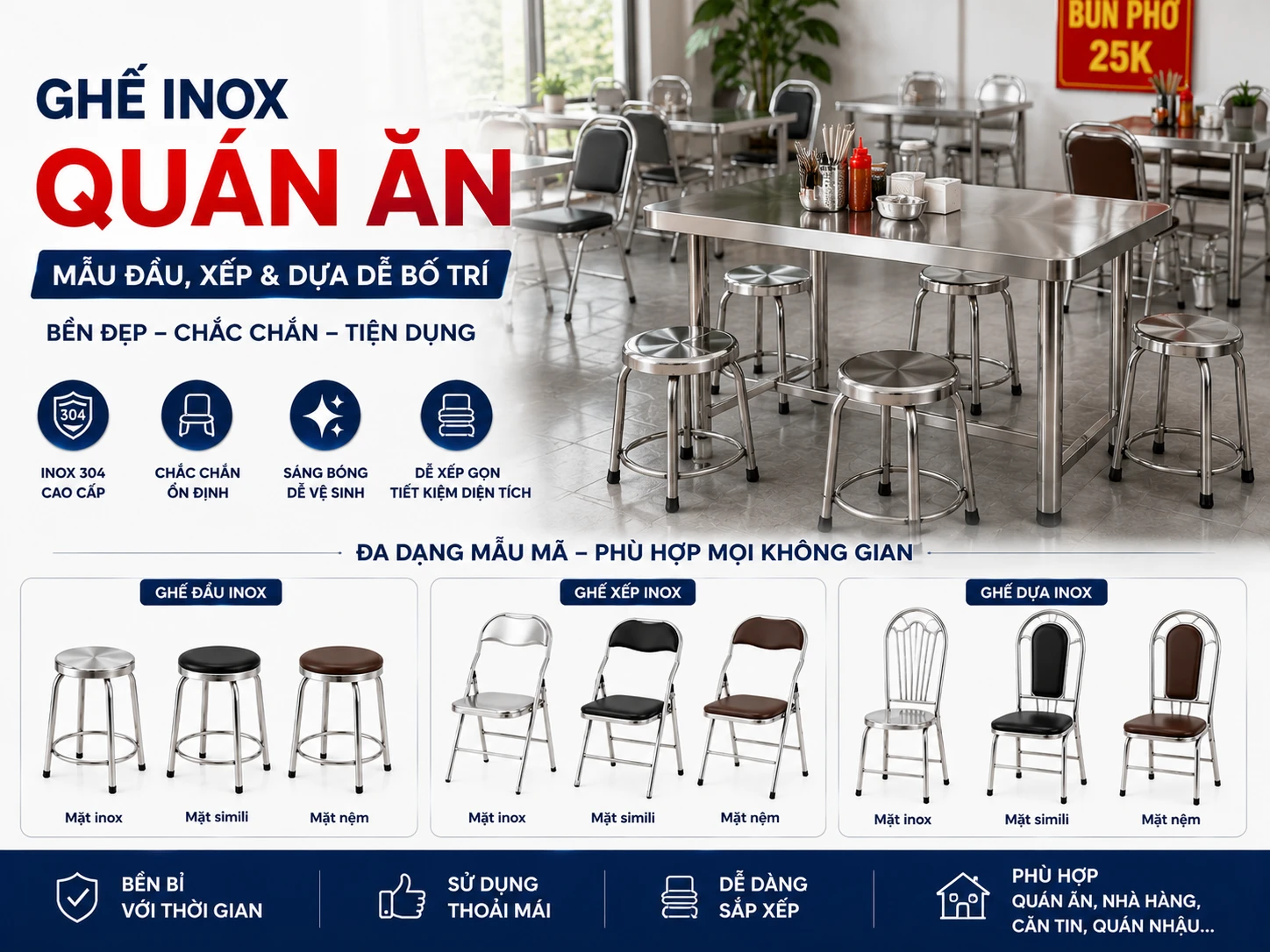 Ghế inox quán ăn mẫu đẩu, xếp và dựa