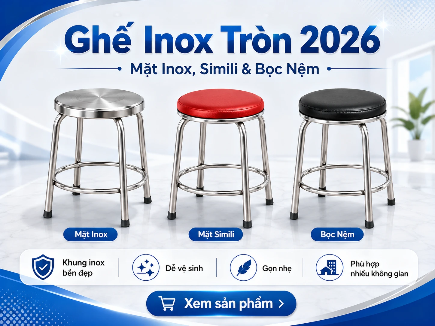 Các mẫu ghế inox tròn GD02 GD04 GD05 GD08 Ghế inox tròn mặt inox và mặt simili