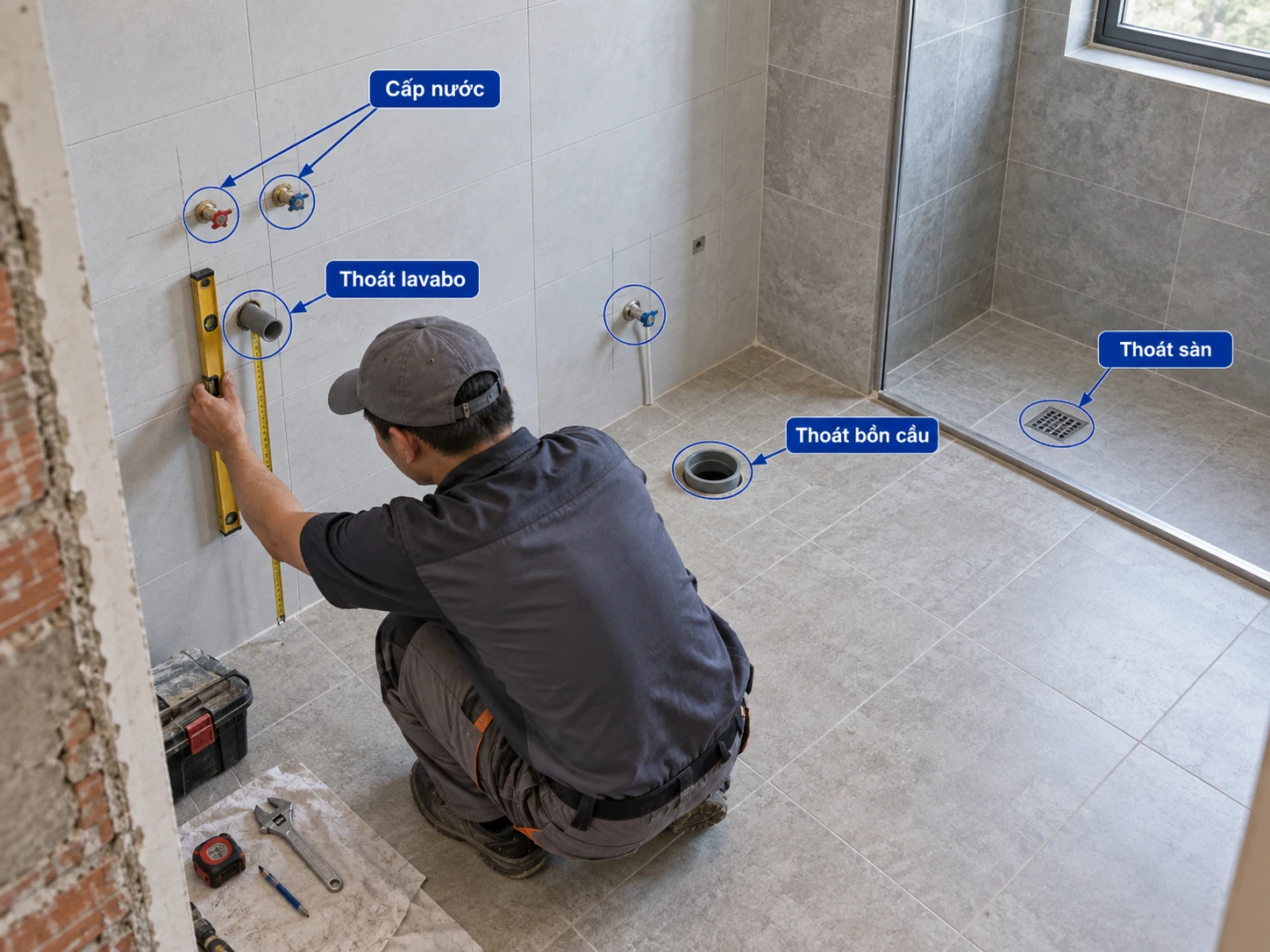 lắp đặt bồn cầu HWATA kiểm tra tâm xả và đường cấp nước